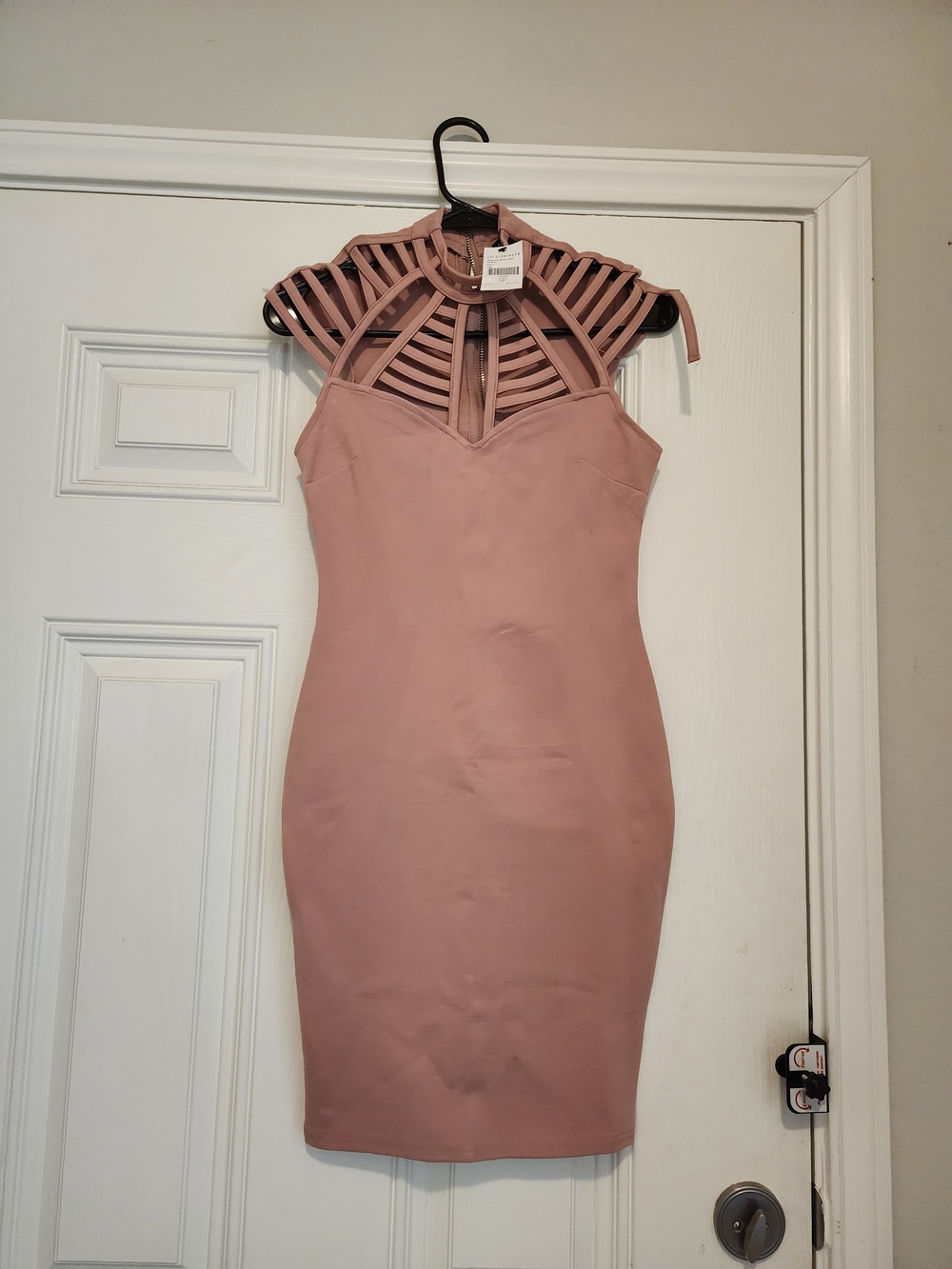 Sleeveless Cage-Neck Bodycon Dress in Dusty Rose